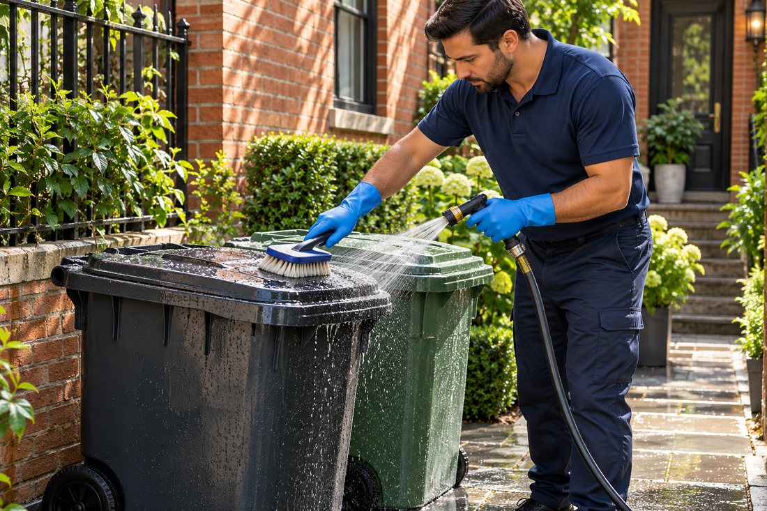 Illustrative scene of residential trash bins being washed